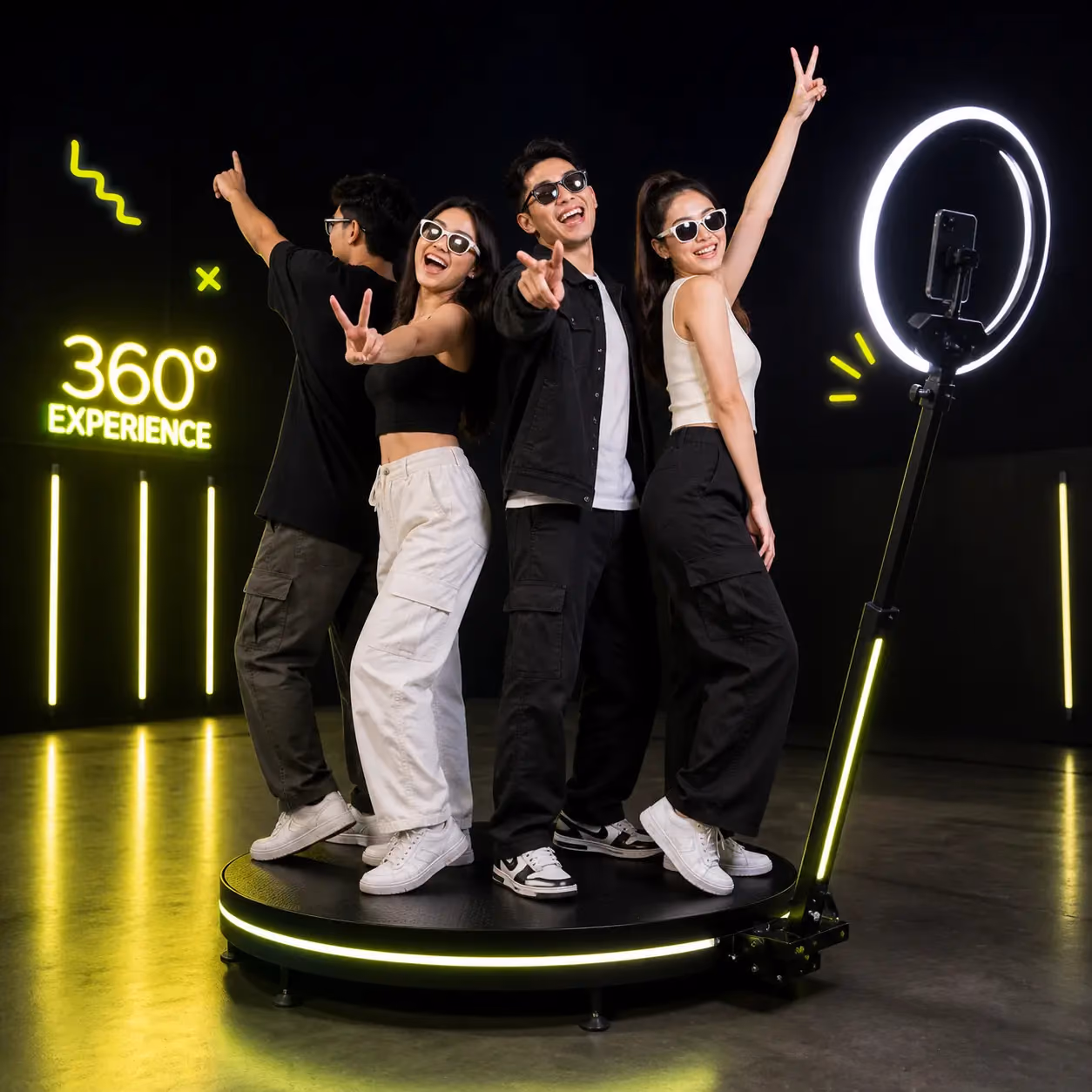 Friends posing on the lit 360° platform