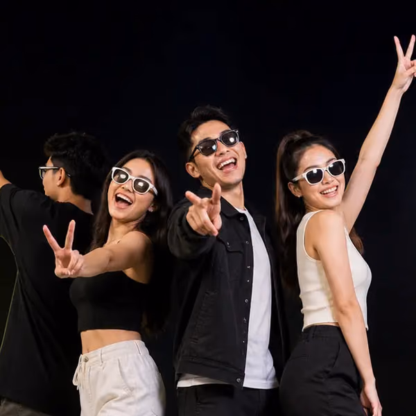 Four friends striking poses on the 360° platform