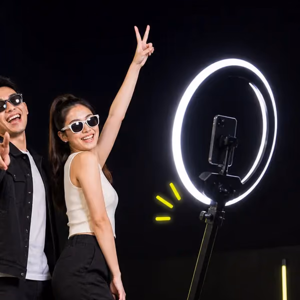 Two friends in sunglasses posing by the ring light