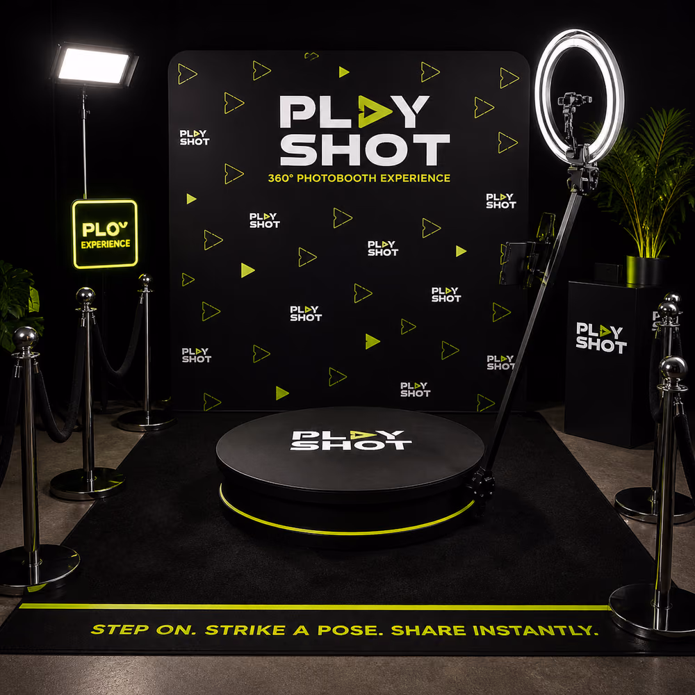 The PlayShot 360° platform and ring light, ready for the next group
