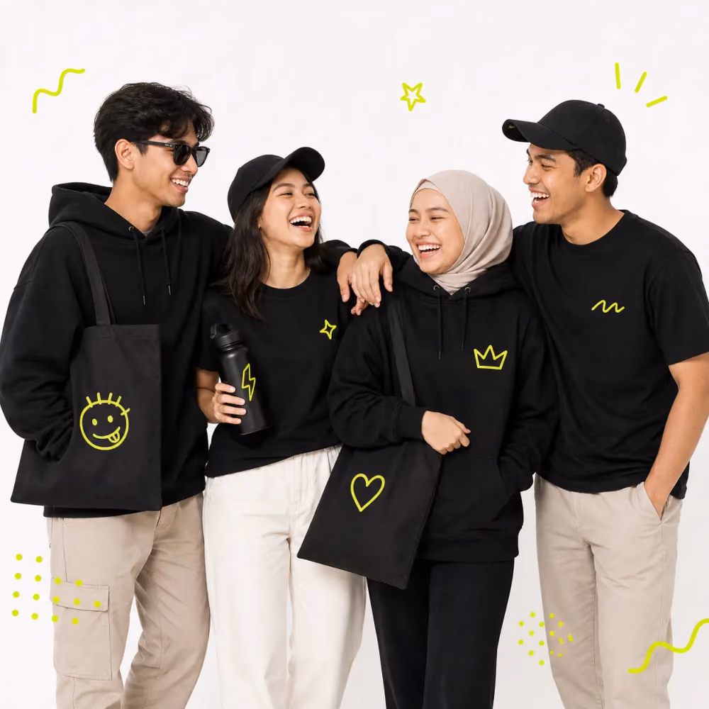 Four friends in black PlayShot tees and caps, laughing together